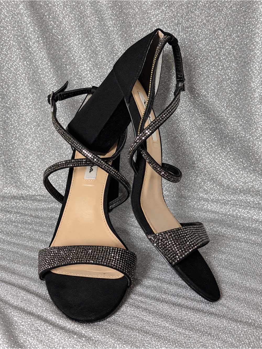 Nina Black Rhinestone Strappy Block Heel Sandals